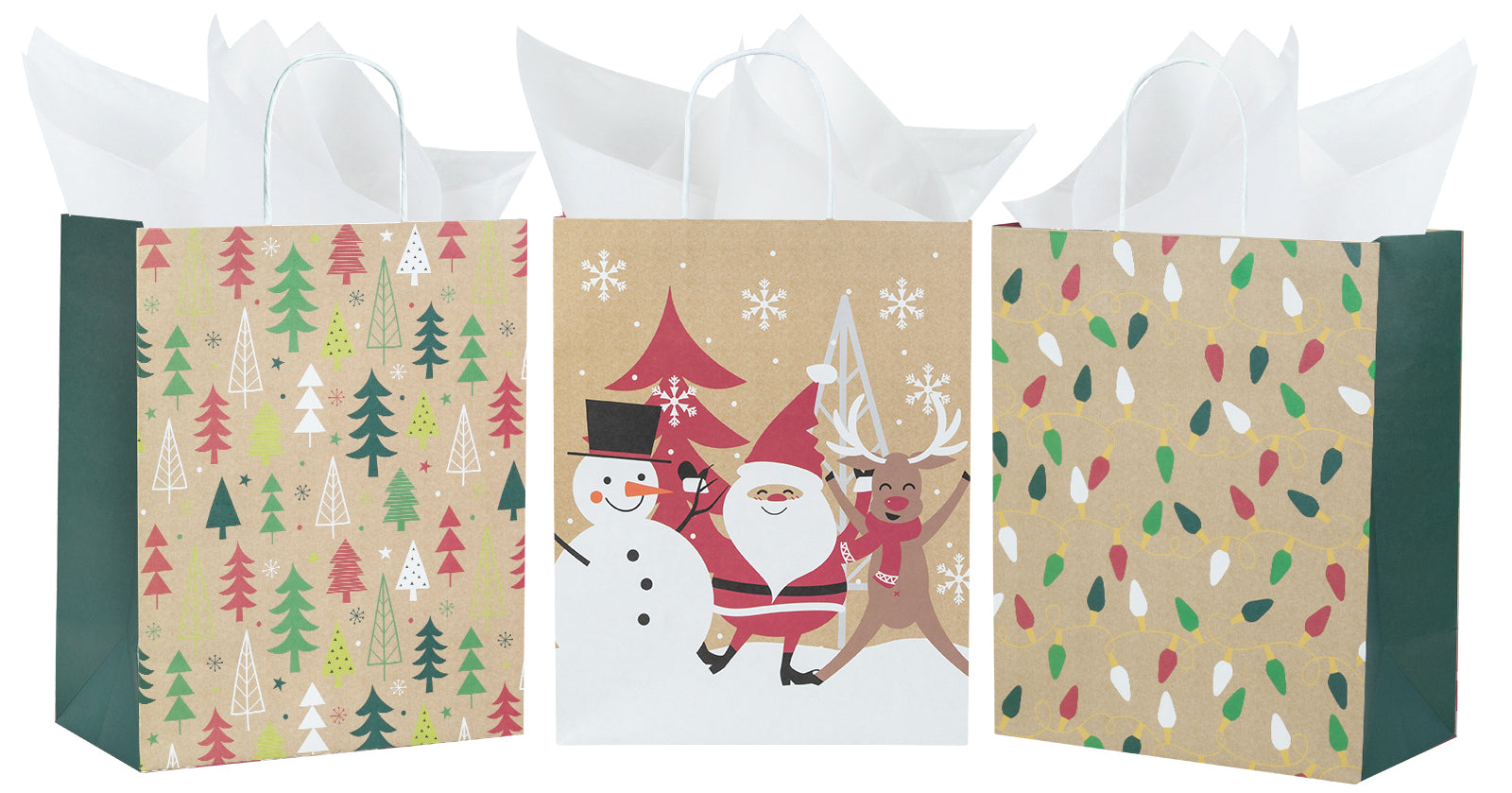 Assort Large Christmas Gift Bags - Santa Claus/ Pine Trees/ Colorful Lights - 9 Pack,10x5x13 inch
