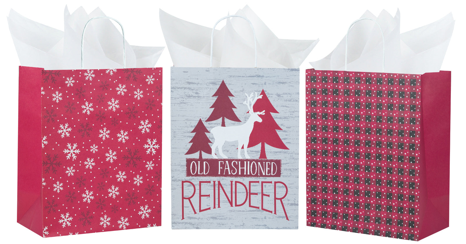 Assort Large Christmas Gift Bags - Snowflakes/ Plaid/ Pine Trees - 9 Pack,10x5x13 inch