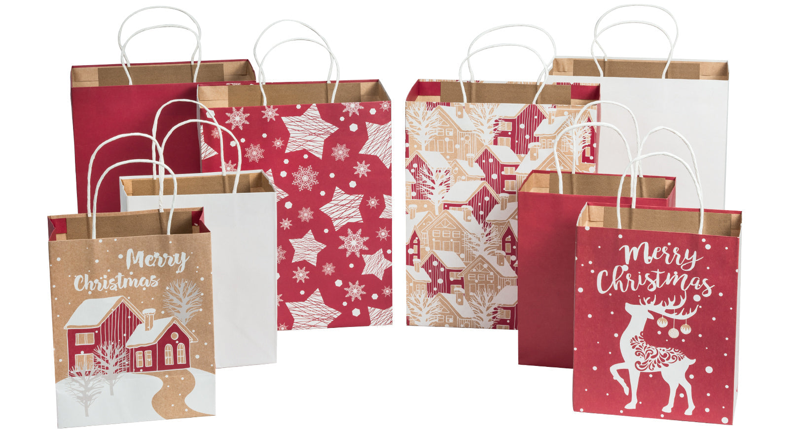 Assort Medium & Large Christmas Gift Bags - Snowflakes/ Cabin/ Stars/ Deer - 8 Pack