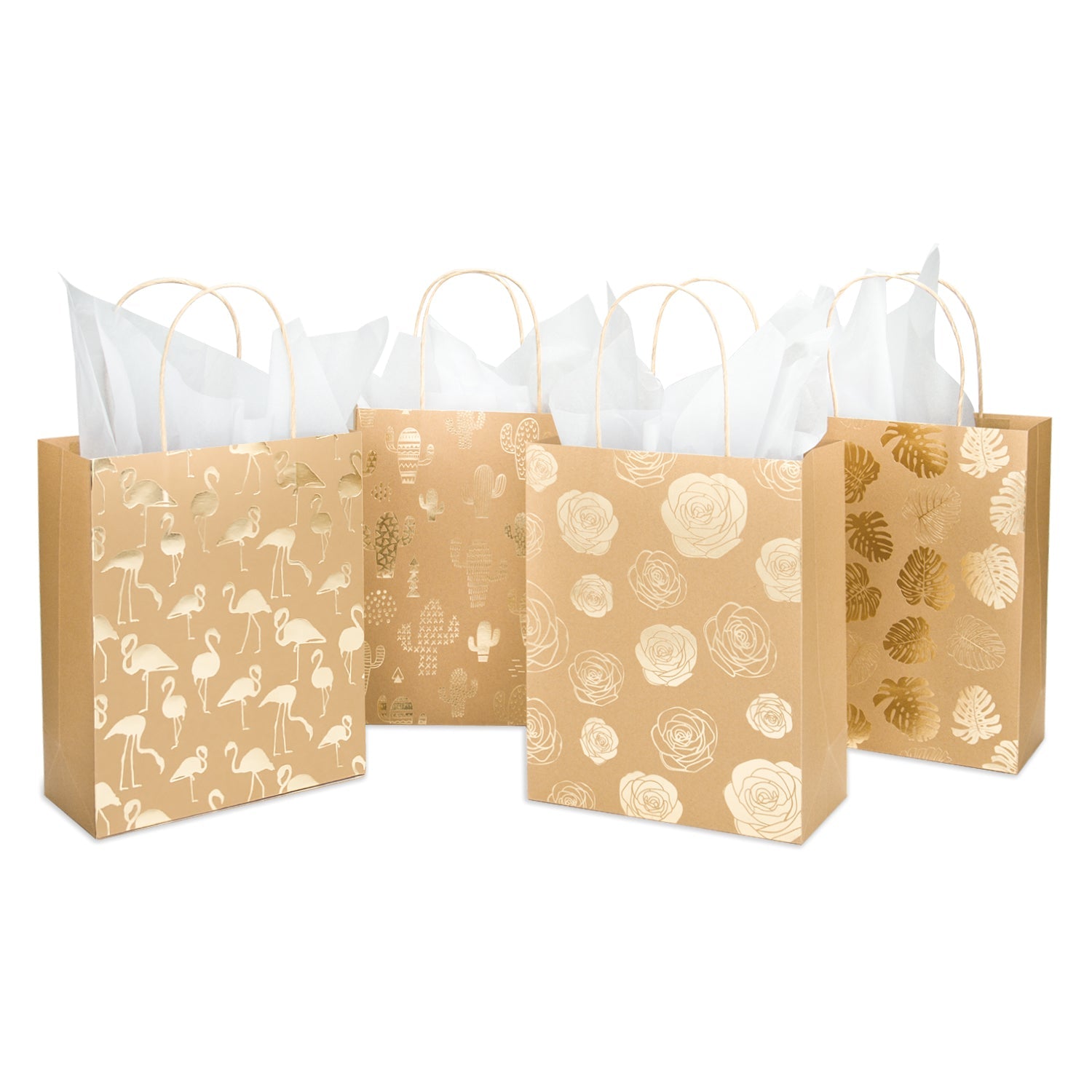 Wrapaholic Medium Size Foil Gold Kraft Gift Bags with Tissue Paper-4 Pack