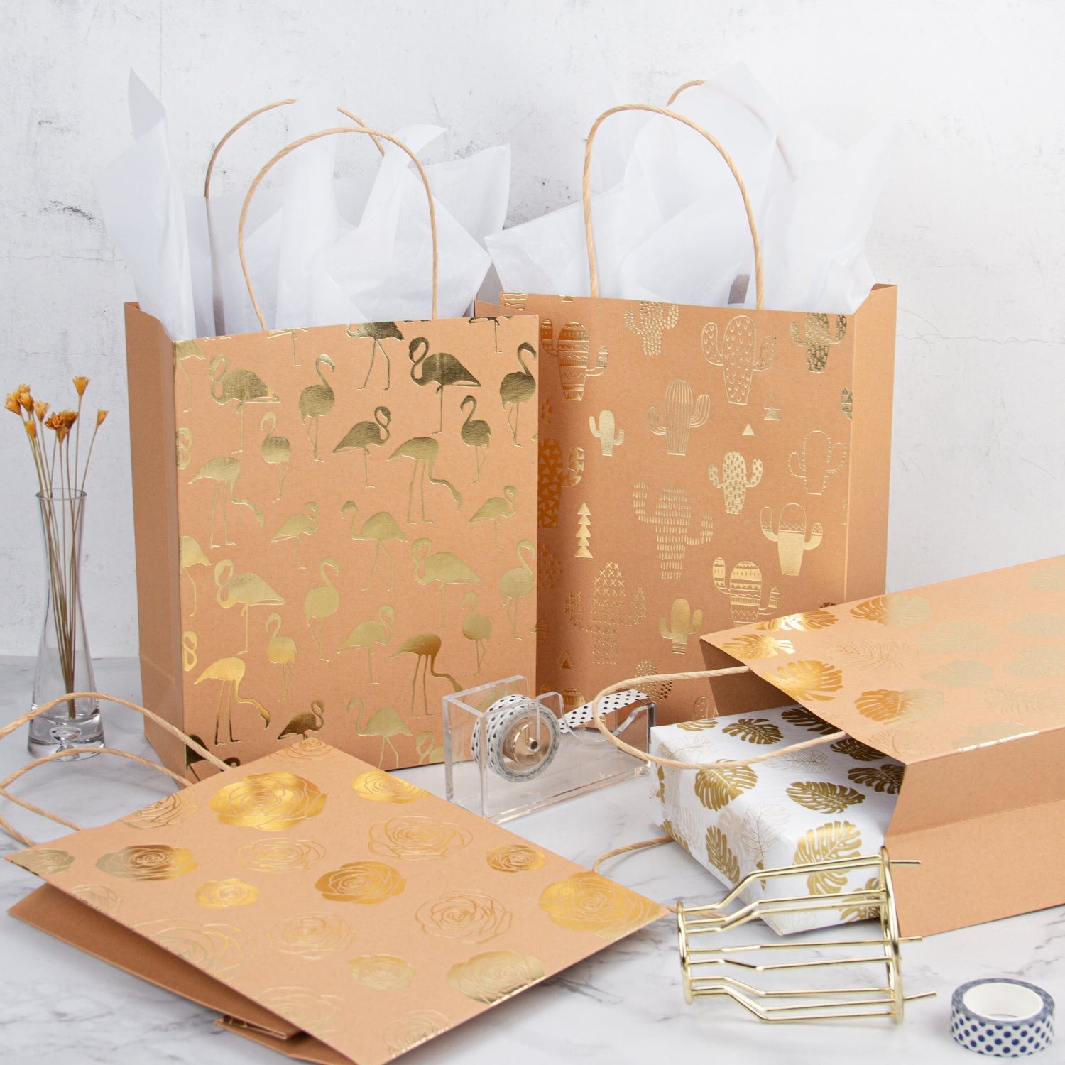 Wrapaholic Medium Size Foil Gold Kraft Gift Bags with Tissue Paper