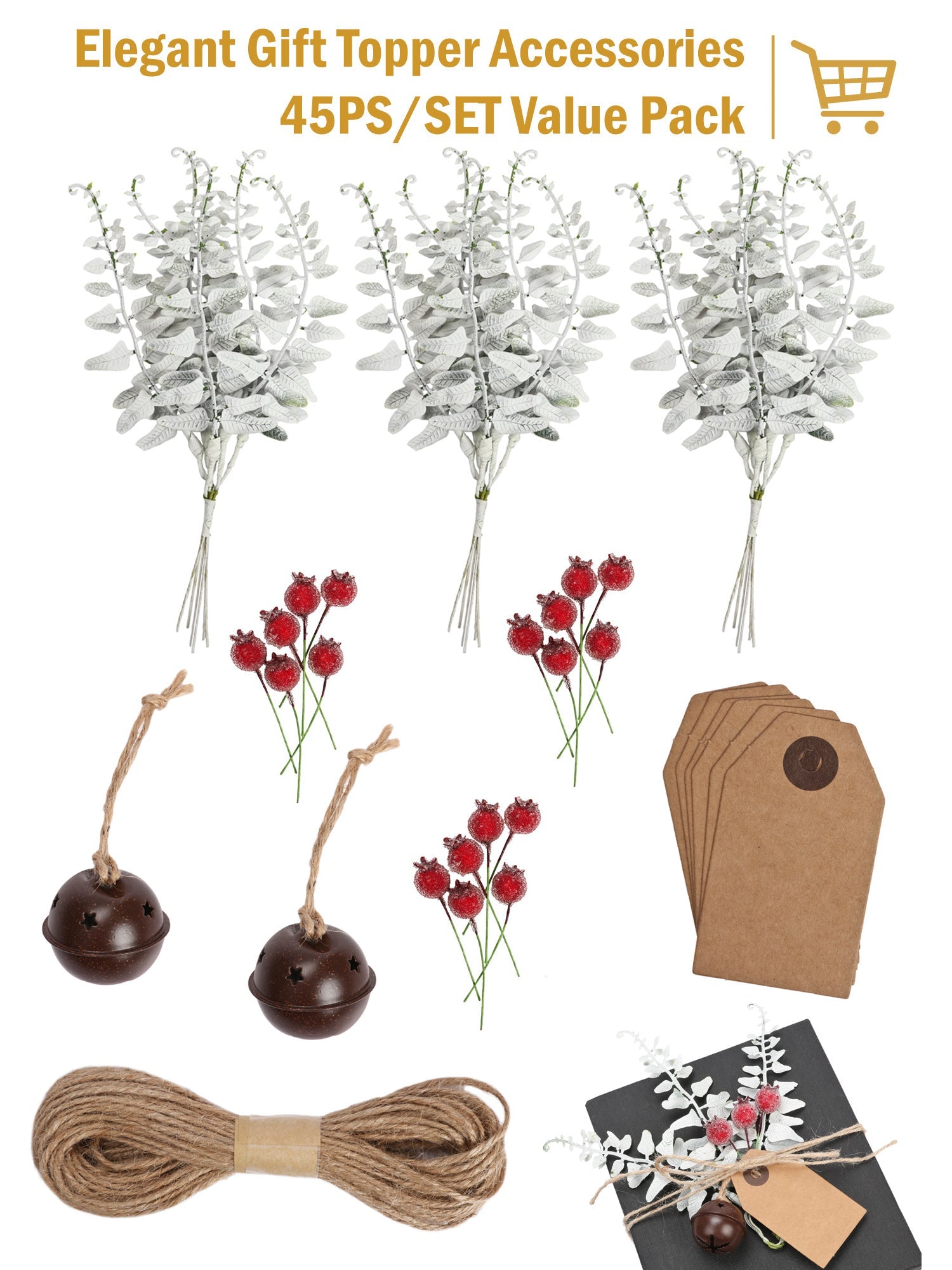 White Artificial Leaves Plants, Red Berry, Paper Tags, Bells for Christmas Tree Decorations