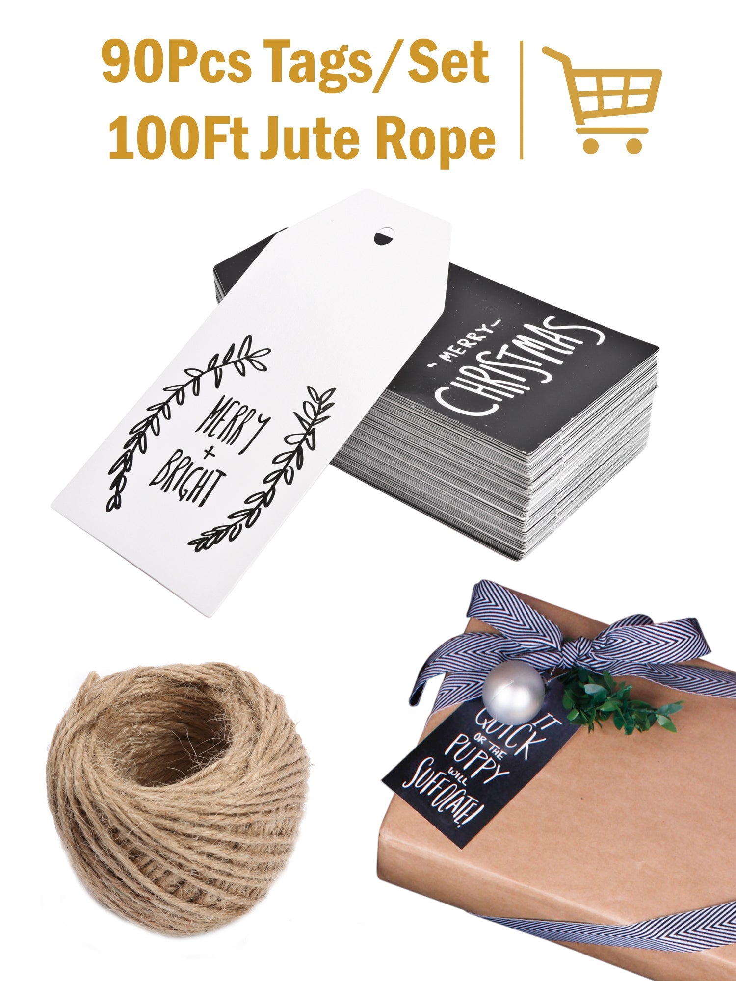 90Pcs Christmas Black Paper Gifts Tags with 100 Ft Natural Jute Twine