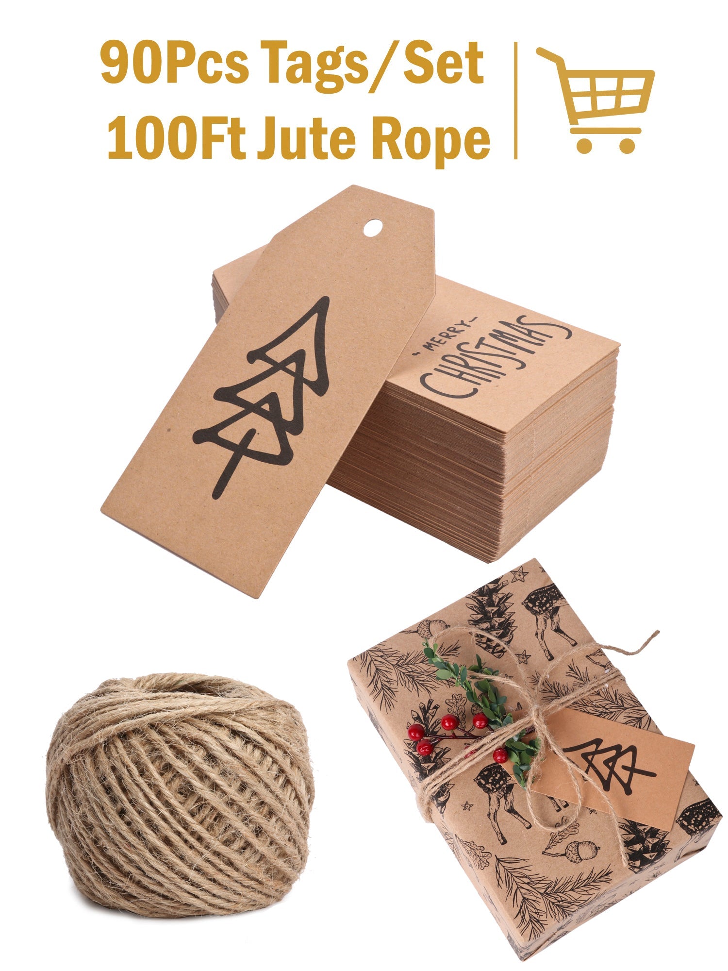 90Pcs Christmas Brown Kraft Paper Gifts Tags with 100 Ft Natural Jute Twine