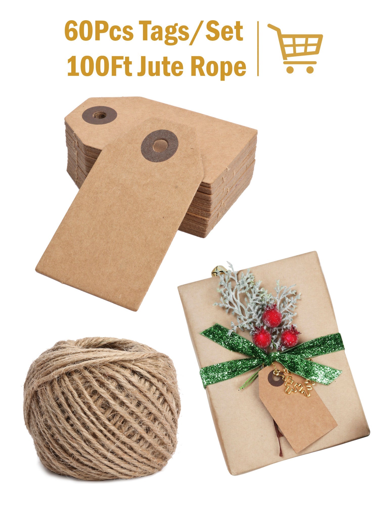60Pcs Christmas Brown Kraft Paper Gifts Tags with 100 Ft Natural Jute Twine