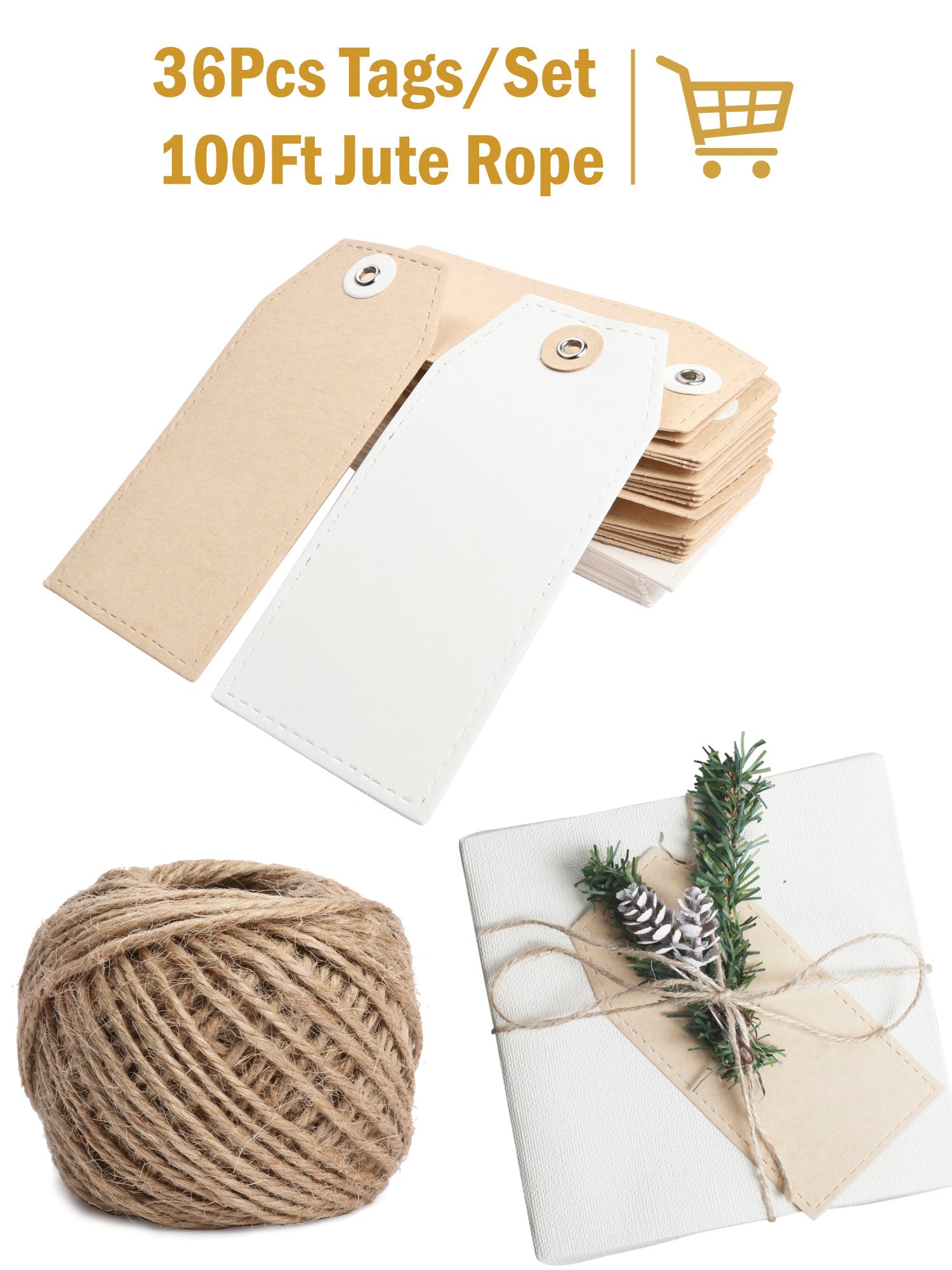 36Pcs Christmas Brown & White Kraft Paper Gifts Tags with 100 Ft Natural Jute Twine