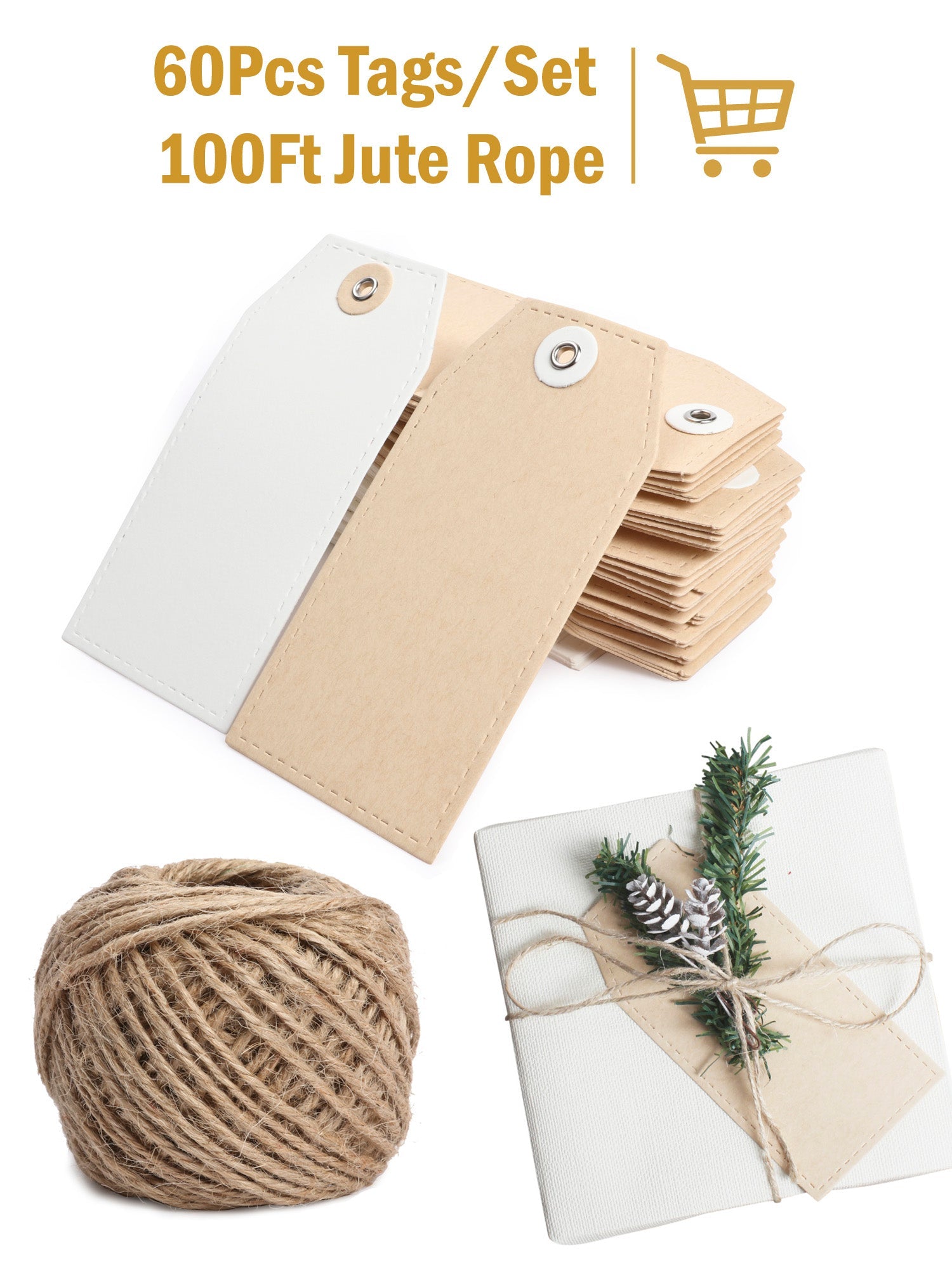 60Pcs Christmas Brown & White Kraft Paper Gifts Tags with 100 Ft Natural Jute Twine