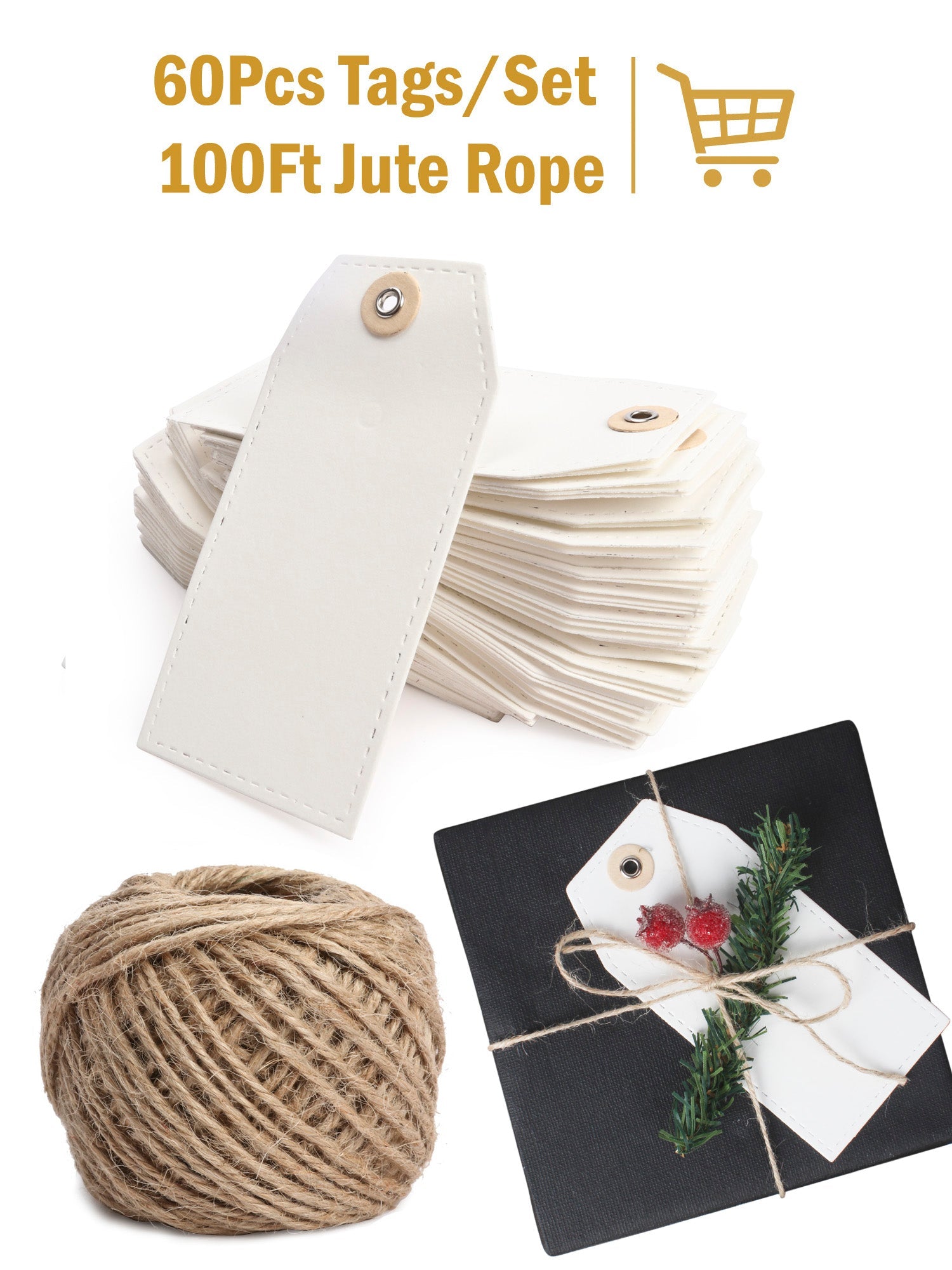 60Pcs White Kraft Paper Gifts Tags with 100 Ft Natural Jute Twine