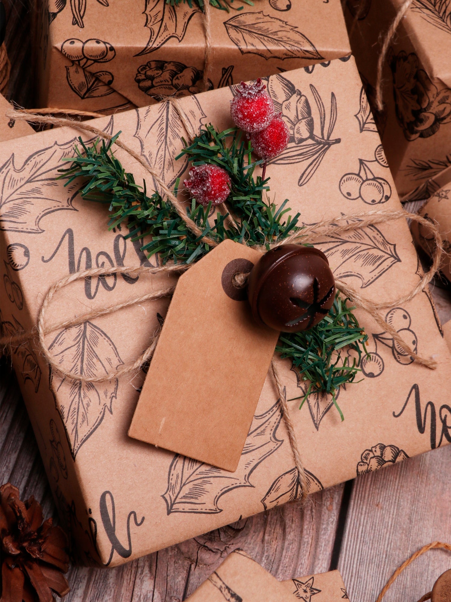 8Pcs Vintage Jingle Bells Mini Bells Bulk with 100ft Natural Jute Twine & 15pcs Kraft Paper Gifts Tags