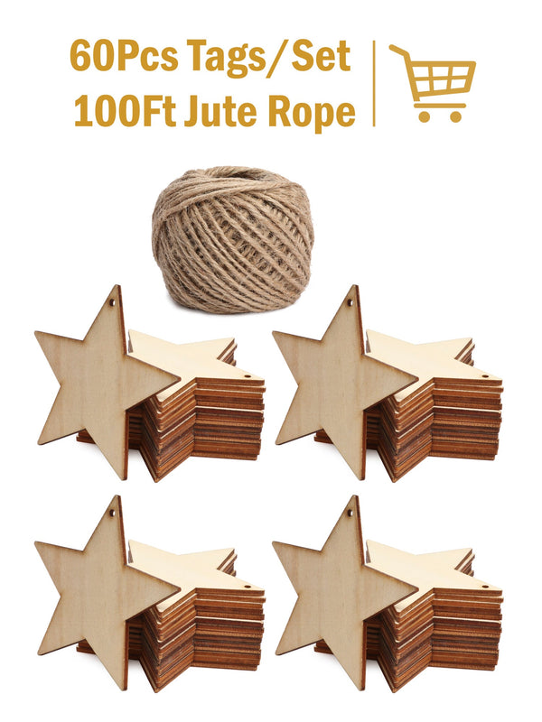 60Pcs Star Wooden Gift Tags with Holes and 100ft Jute Twine for Gifts Wrapping Decoration