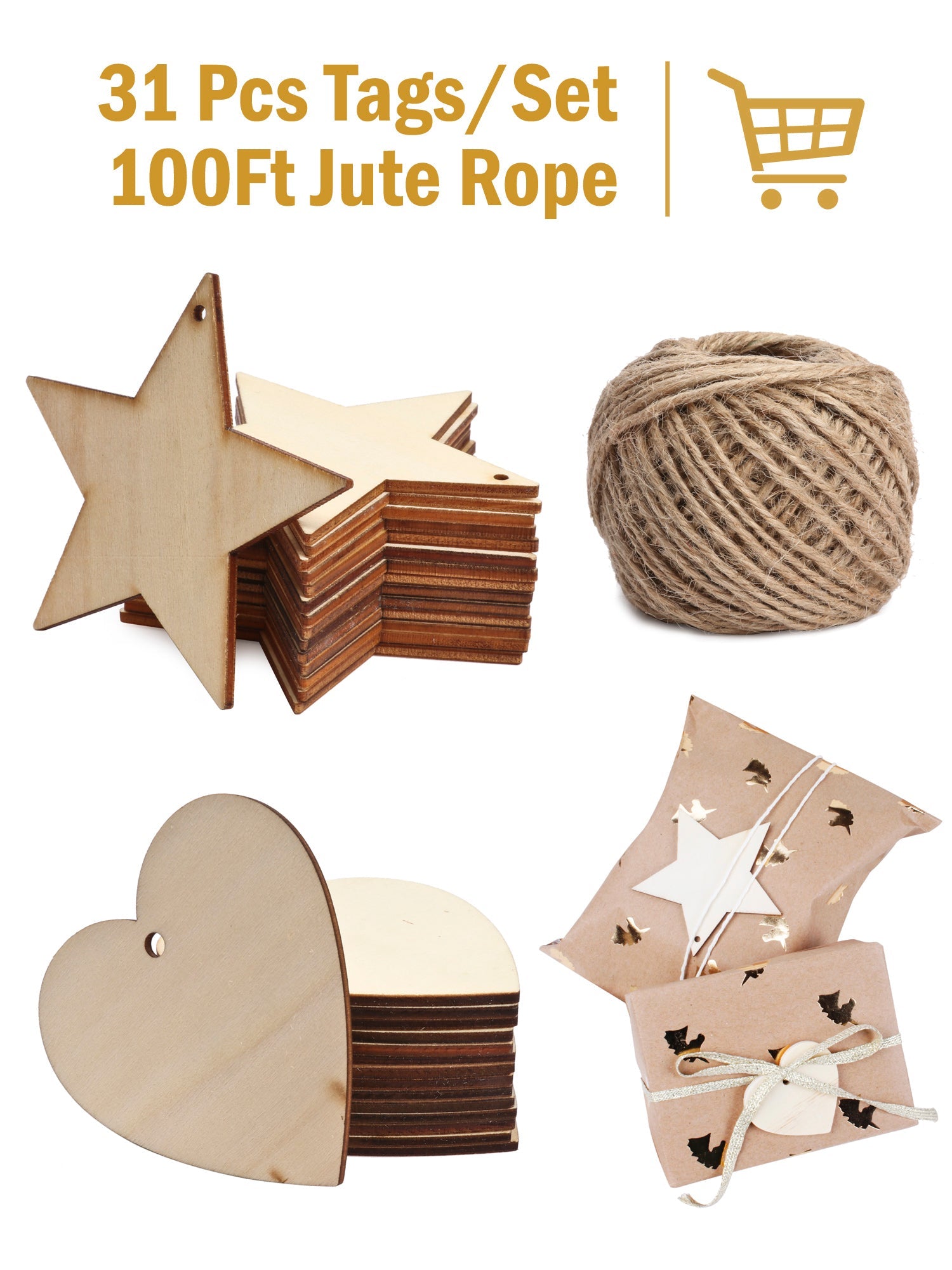 30Pcs Wooden Gift Tags with Holes and 100ft Jute Twine for Gifts Wrapping Decoration