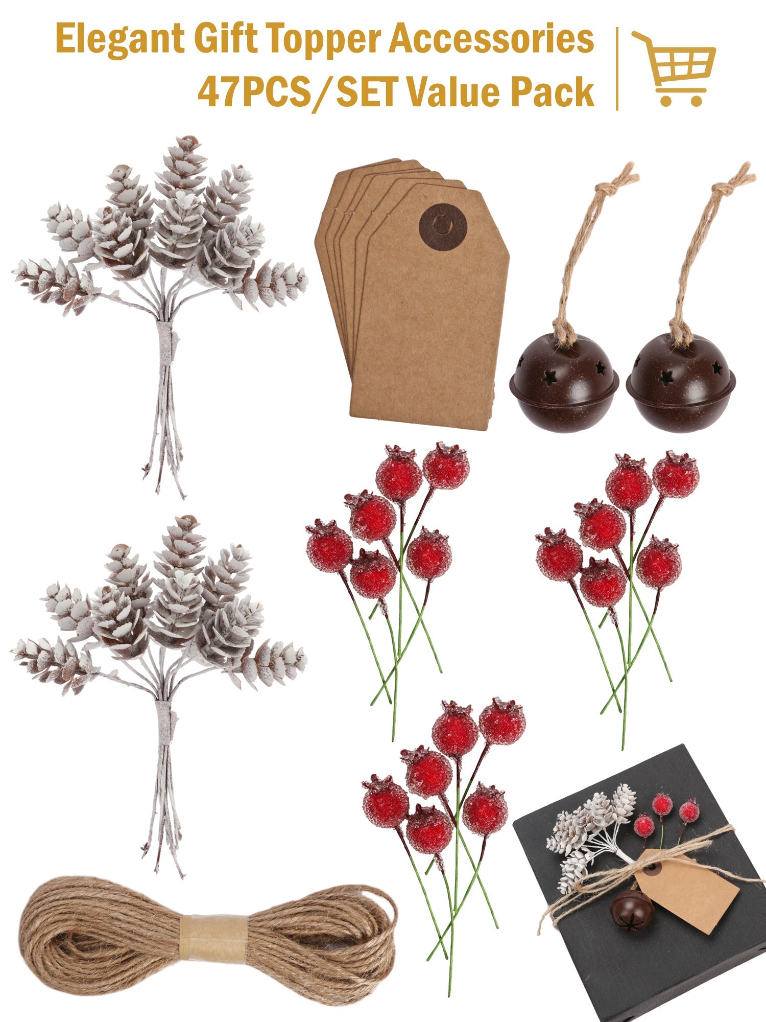Artificial Leaves Plants, Red Berry, Paper Tags, Bells Accessory Kit