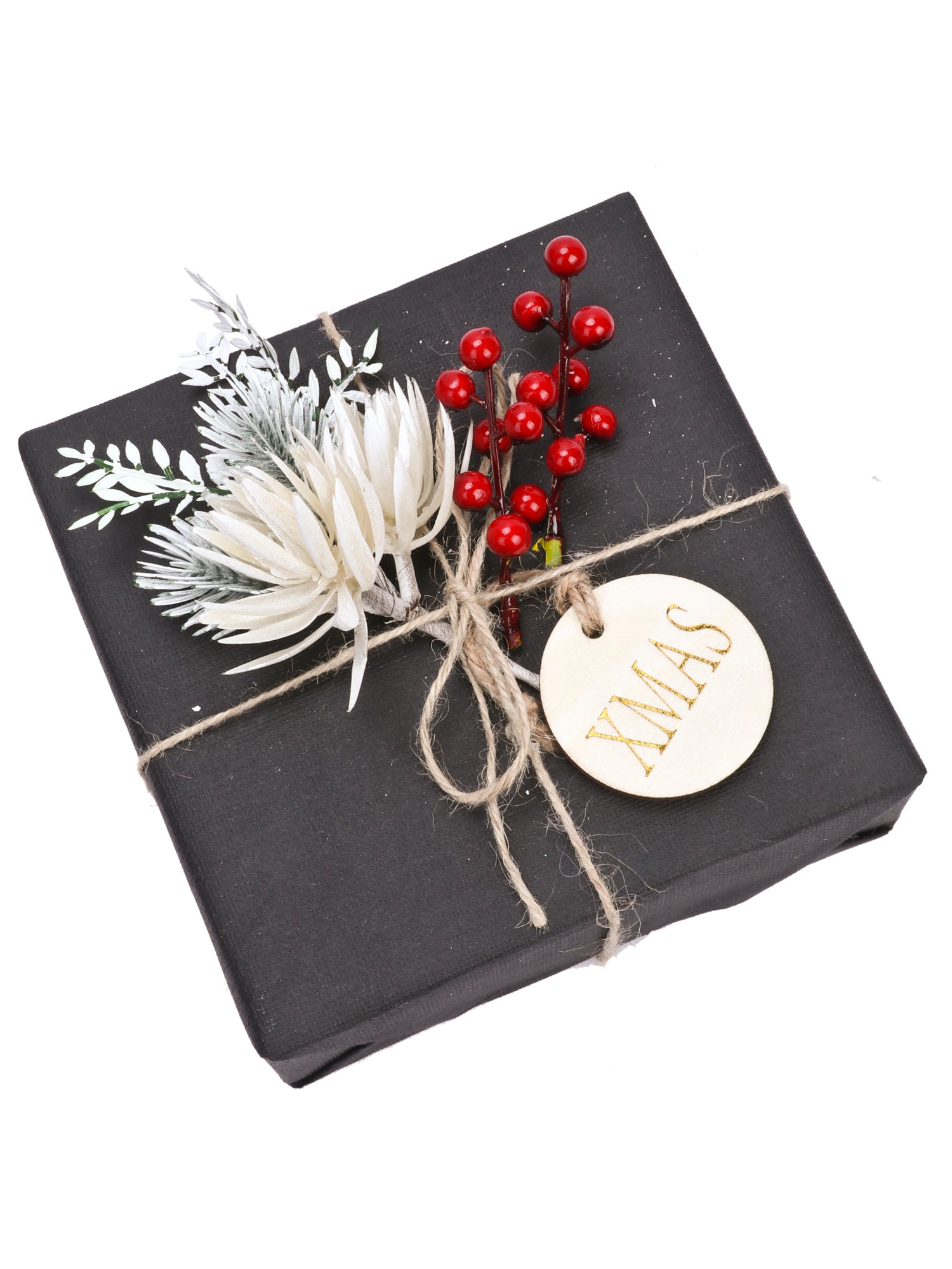 7Pcs/Set Gift Wrapping Collection - Artificial Leaves Plants, Red Berry, Gift Tags, Bells