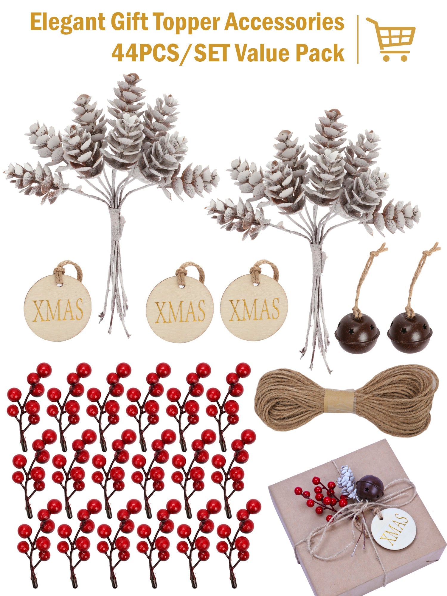 44Pcs/Set Gift Wrapping Collection - Artificial Pine Cone, Red Berry, Gift Tags, Bells