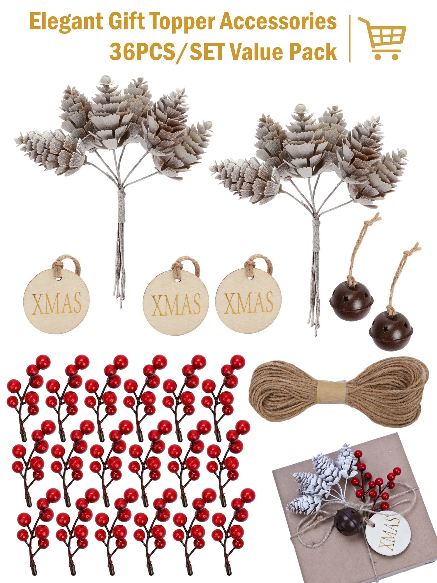 36Pcs/Set Gift Wrapping Collection - Artificial Pine Cone, Red Berry