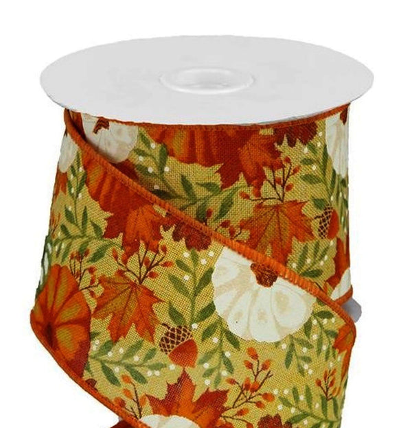 Wired Autumn Ribbon - 2.5 inch Mustard Canvas with Various Pumpkins & Autumn Foliage - Thanksgiving Ribbon - 10 Yards