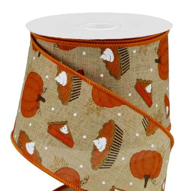 Wired Pumpkin Pie Ribbon - 2.5 inch Lt Brown Canvas Ribbon with Whole & Sliced Pumpkin Pies - Thanksgiving / Autumn Ribbon - 10 Yards