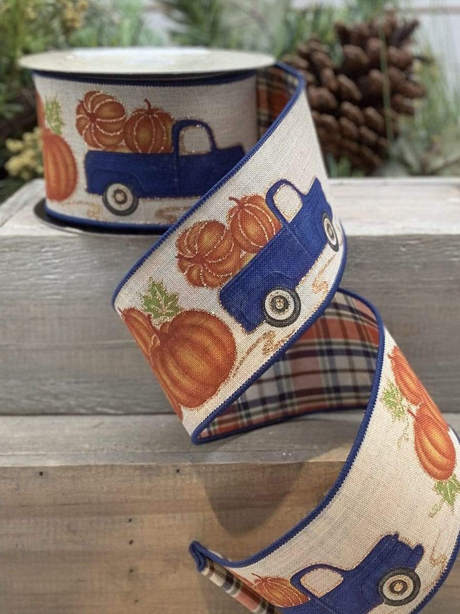 d.stevens 2.5" Reversible Autumn Truck Wired Ribbon - Blue Truck with Pumpkins on Natural Canvas & Matching Plaid Back - 10 Yards