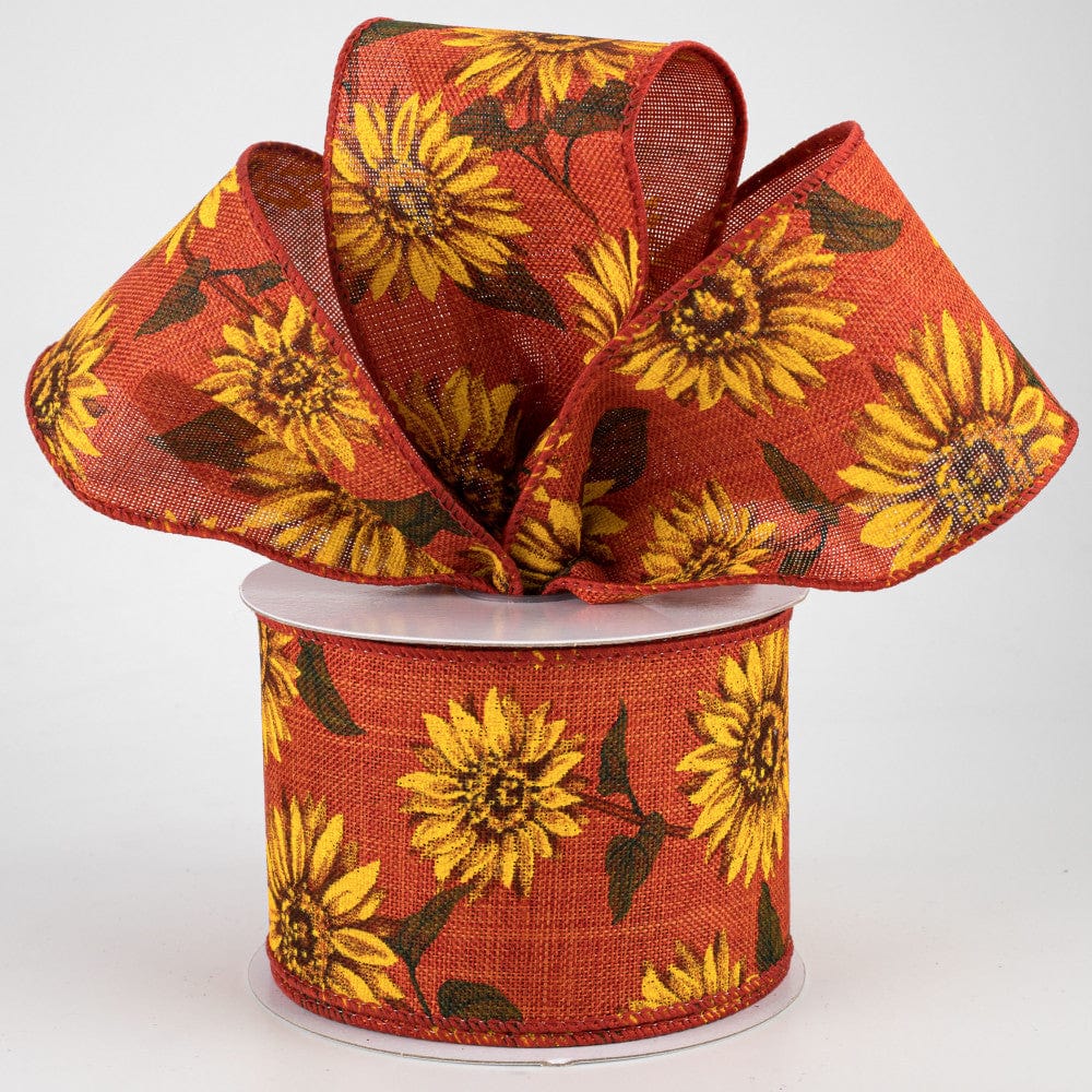 Autumn Sunflower Ribbon - 2.5" Fall Sunflowers on Rust Canvas - 10 Yards