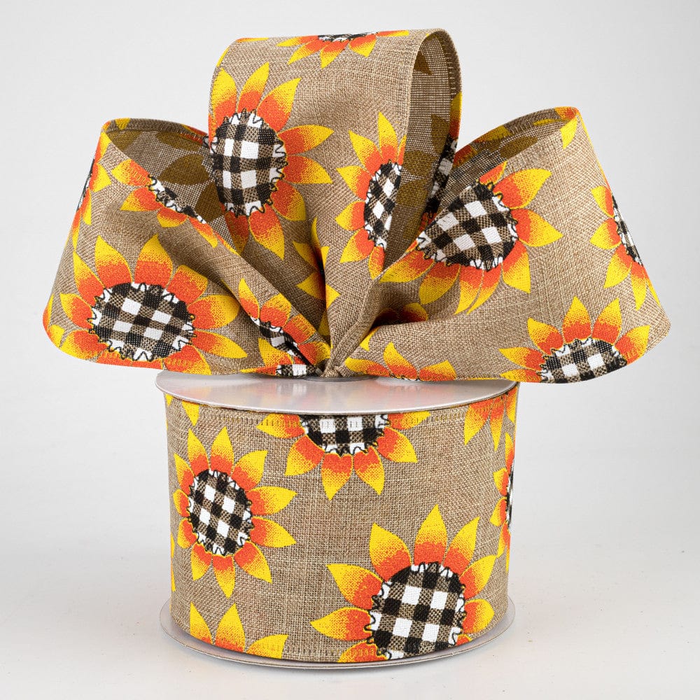 Sunflowers with Black & White Buffalo Check Centers on 2.5" Natural Canvas Ribbon - 10 yards