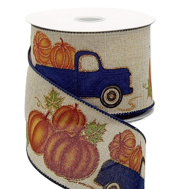 Wired Autumn / Fall Ribbon - 2.5" Blue Truck with Pumpkins on Light Natural Canvas Ribbon - 10 Yards