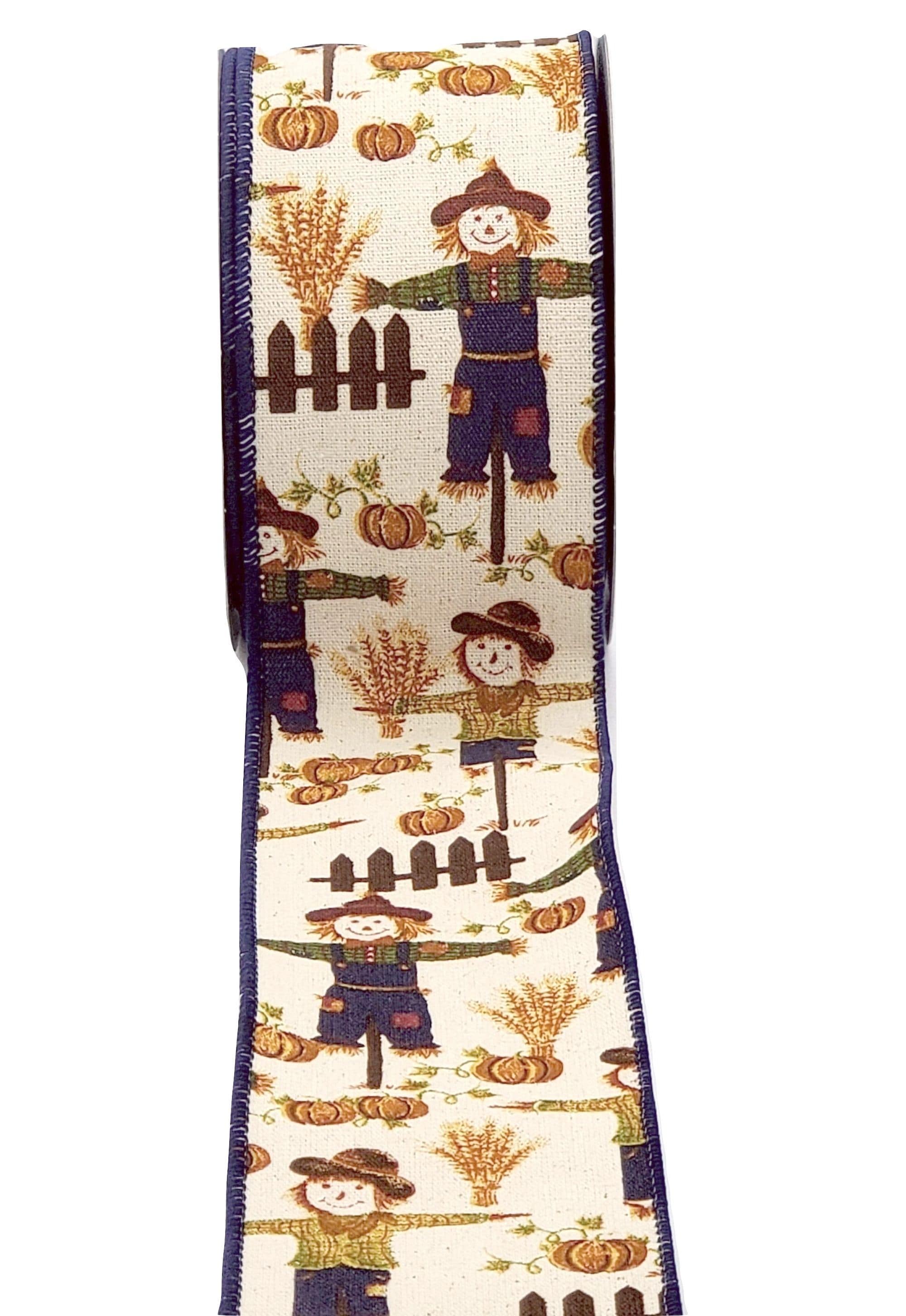 Wired Fall/Autumn Ribbon - 2.5" Cream Canvas Ribbon with Scarecrows in Blue & Orange Overalls - 10 Yards