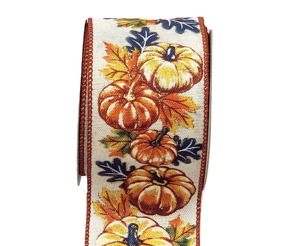 Wired Fall/Autumn Ribbon - 2.5" Cream Canvas Ribbon with Various Orange & White Pumpkins & Blue Leaves- 5 Yards